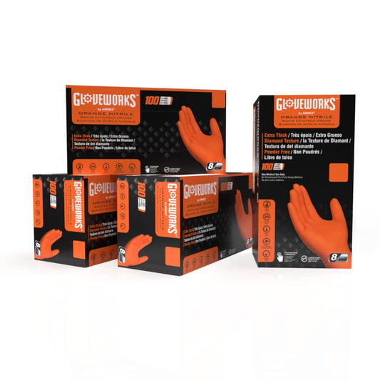 GLOVEWORKS 8 Mil Orange Nitrile Disposable Gloves Heavy Duty Industrial RDT for Mechanic and Automotive, XL 4 Boxes of 100 - size: X-Large, style: 4 Boxes of 100
