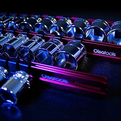 Olsa Tools 3-Pc Set Aluminum Socket Organizer | Locking End Caps | 1/4-Inch, 3/8-Inch, 1/2-Inch Drive Socket Holders with 24, 18, 16 Clips Each (Red) - color: Red, size: 3pc, 1/4, 3/8, & 1/2-Inch Drive