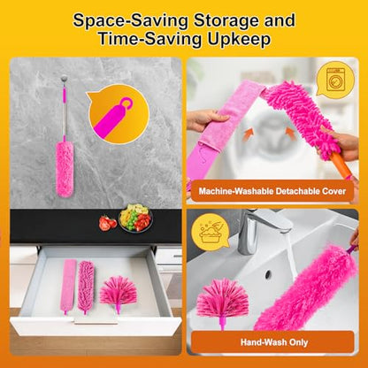 Tiumso 5-in-1 Duster with Extension Pole 100 inch Extendable Dusters for Cleaning Anti-Spin Reusable Dusting Kits for High Ceiling Fans, Cobwebs & Vents, Reinforced Stainless Steel Telescopic Handle - color: Rose Red