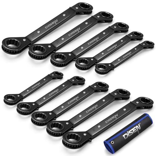 DISEN 10-Piece Double Offset Box End Reversible Ratcheting Wrench Set, SAE (1/4-7/8 inch) & Metric (6-21mm) Heavy Duty Ratcheting Wrench Set for Narrow Space, Rolling Pouch - style: 10 PCS