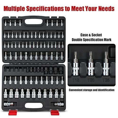 92-Piece Allen and Torx Bit Socket Set, 1/4" 3/8" and 1/2" Drive Tamper Proof Torx/Hex SAE & Metric Bit Set