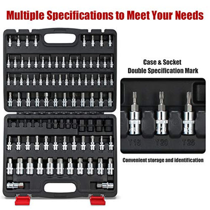 92-Piece Allen and Torx Bit Socket Set, 1/4" 3/8" and 1/2" Drive Tamper Proof Torx/Hex SAE & Metric Bit Set