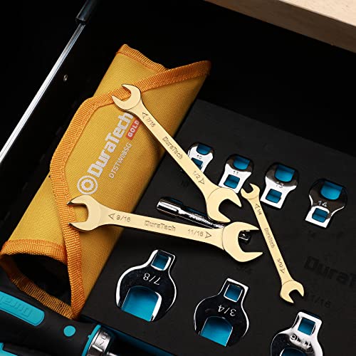 DURATECH Super-Thin Open End Wrench Set, SAE, 8-Piece, 1/4" to 1-1/16", Titanium Plating, with Rolling Pouch - color: Gold, size: SAE