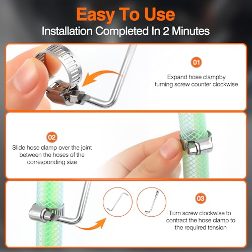 KELIN 202PCS 304 Stainless Steel Hose Clamp Kit, 8 Sizes from 1/4" to 2" (6-51mm) Adjustable Worm Gear Clamps with Socket Wrench & Screwdriver, Automotive Fuel Line Water Pipe Clamps Assortment Set - size: 202PCS