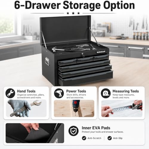 ARNOT Large Metal Tool Box, Tool Box with 6 Drawers & Top Tray, Heavy-Duty Steel Tool Chest with Auto-Locking Drawers and Side Handles for Garage & Workbench (Black) - color: Black