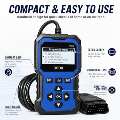 V410 OBD2 Scanner Diagnostic Tool, Check Engine Code Reader for OBDII Cars Since 1996, Live Data, I/M Readiness, Battery Voltage Test, Vehicle Info for Cars & Trucks, Blue