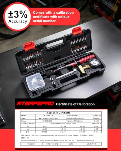 ATsafepro Bike Torque Wrench Set, 1/4 Torque Wrench 20-240 inch-pounds with ±3% Accuracy, 72T Dual Ratchet, Tire Pressure Gauge, Valve Core Tool, Bit Socket Set, for Bicycle & Car Maintenance