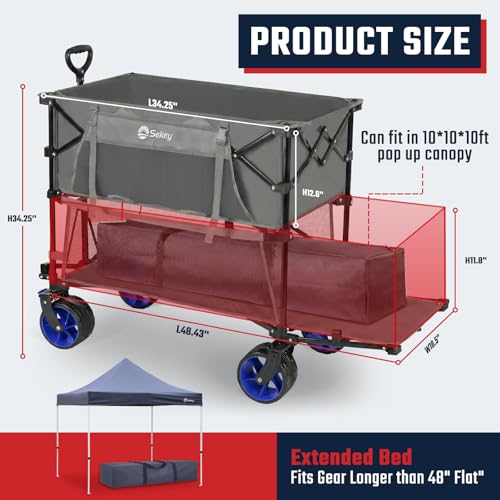 Sekey 500LBS Heavy Duty Double Decker Wagon with Extender, 400L Large Capacity Collapsible Garden Cart Fits 10x10 Canopy, All-Terrain Big Wheels with Brakes, Foldable Utility Wagon for Sports, Camping - color: Gray