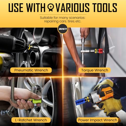 BOEN 1/2" Drive Impact Lug Nut Socket Set, 4 Pieces Non-Marring Thin Wall Wheel Protector Nut Socket, Metric (17, 19, 21, 22) mm, Color-Coded and Embossed and Painted Marking, CR-MO Steel