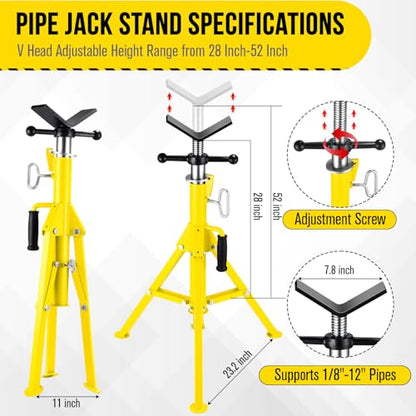 V Head Pipe Jack Stand, Heavy Duty Pipe Stand, 2500LB Jack Stands Carbon Steel with Portable Folding Legs 28-52 Inch Height Adjustable 1/8"-12" Capacity - color: Yellow