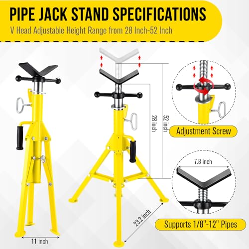 V Head Pipe Jack Stand, Heavy Duty Pipe Stand, 2500LB Jack Stands Carbon Steel with Portable Folding Legs 28-52 Inch Height Adjustable 1/8"-12" Capacity - color: Yellow
