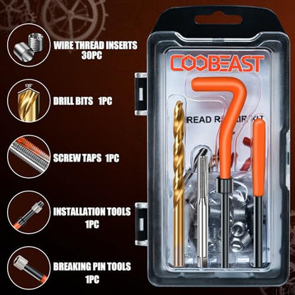 coobeast Thread Repair Kit, Thread Repair Tool with HSS Drill Bit & 30pcs 304 Stainless Steel Inserts, Complete Helicoil Rethreading Tool Set for Automotive Engine with Portable Carry Case M8x1.25 - size: M8x1.25