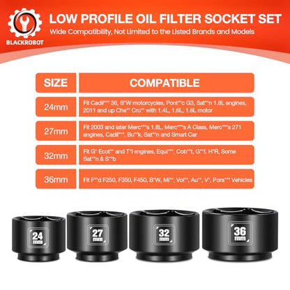 BLACKROBOT 8 Pieces 3/8” Drive Low Profile Oil Filter Socket Set, Metric Size 24mm 27mm 28mm 29mm 30mm 32mm 36mm 38mm, Chrome Vanadium Steel, 6 Point, Oil Filter Cap Remover and Installer Tool Set