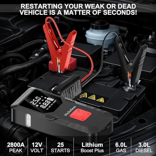 12 V Car 8000 mAh Battery Jump Starter 2800A with 150psI Air Compressor, Compact and Practical Edition QB08L Safe Smart, Portable Jump Box and Charger for 6.0L Gas and 3.0L Diesel Engines.