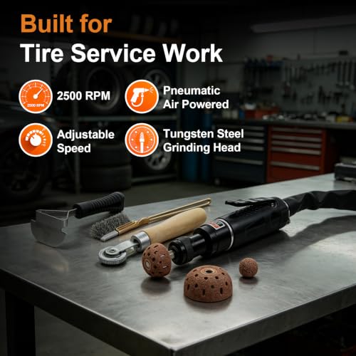 Low Speed Air Tire Buffer Kit, 2500 RPM Tire Patch Repair Tools | Tungsten Buffing Heads, Patch Roller, Inner Liner Scraper, Wire Brush, Hose & Fittings