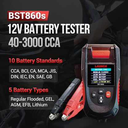 Car Battery Tester 12V 24V Load Tester, Launch BST-860S Digital Automotive Battery Alternator Tester with Printer, Charging Cranking System Analyzer for Cars Trucks Motorcycles SUVs ATVs RVs Boats