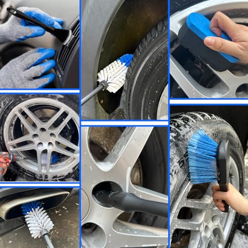 Car Wheel Brush Kit, Soft Drill Wheel Cleaner Brush, Tire Brush, Detailing Brush, and Detailing Pads, No Scratches Car Wheel Cleaning Kit for Wheels, Tires, Rims, Engines, Exhaust(Blue+White, 6 Pack) - color: Blue+white 6 Pk