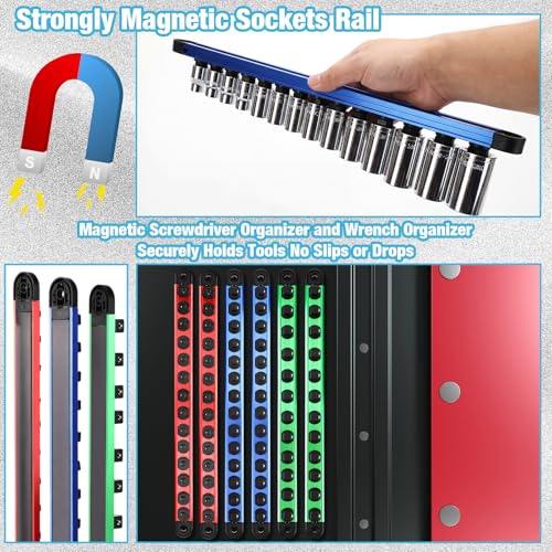 Ceenna 12 Piece Magnetic Socket Organizer Set, Heavy Duty Socket Holder, Sockets Rack Kit with 1/4-inch x 14 Clips, 3/8-inch x 14 Clips, 1/2-inch x 12 Clip, Gift for Men, Red, Blue and Green