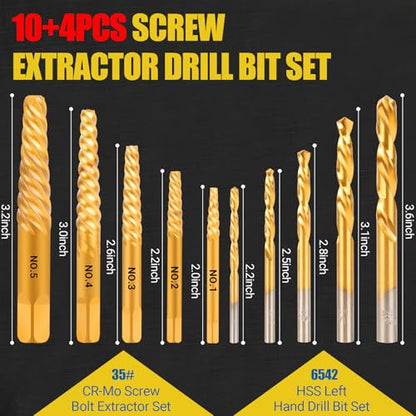 14PCS Easy Out Screw Extractor Set and Left-Hand Drill Bit Set, Stripped Screw Extractor Set for Removing Damaged Screws, Broken Bolts, Studs - size: 14 Pieces