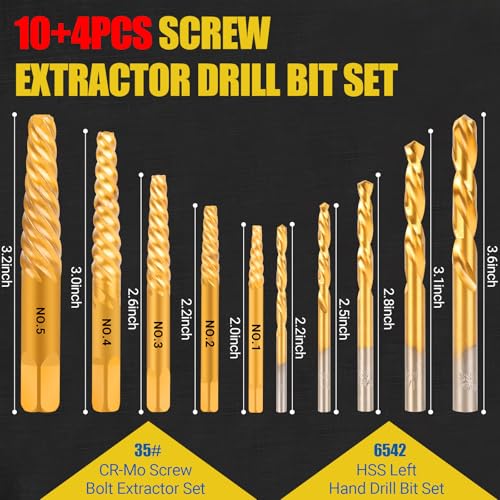 14PCS Easy Out Screw Extractor Set and Left-Hand Drill Bit Set, Stripped Screw Extractor Set for Removing Damaged Screws, Broken Bolts, Studs - size: 14 Pieces