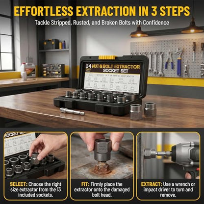 Bolt Extractor Set Heavy Duty, 14Pcs Impact Nut & Bolt Remover Kit with 3/8" Adapter, Stripped Lug Nut Extractor Tool for Rusted, Rounded, Damaged Nuts & Screws - size: 14PCS