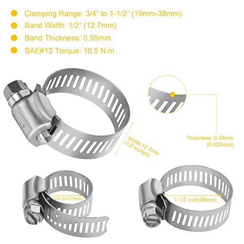 WINL Stainless Steel Hose Clamps - 16 Pack Worm Gear Drive Hose Clamps SAE 16 Clamping Range 3/4 Inch to 1-1/2 Inch (19mm-38mm) for Automotive Plumbing, 3/4'', 1'', 1 1/4'' Clamps - size: SAE#16 (3/4" ~ 1-1/2")