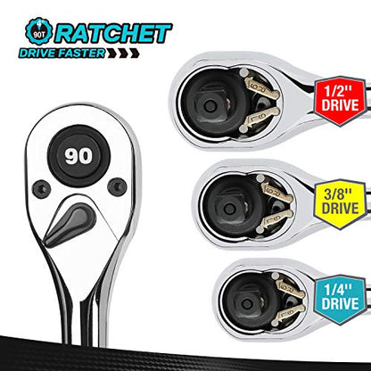 DURATECH 3-Piece Drive Ratchet, 1/4", 3/8", 1/2" 90-Tooth Quick-release Ratchet Wrench, Reversible, Cr-V Made, Full Polished, Mens Stocking Stuffers Gifts for Men Gifts for Women - size: Combo Kit (EVA Tray)