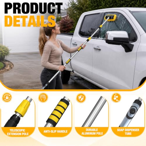 LAANPOLE 12FT Car Wash Brush with Long Handle, Car Cleaning Brush with 12 Inch Soft Bristle and Soap Dispenser, Solar Panels Cleaner with Telescoping Pole for RV, Truck, Boat, House Siding, Yellow - color: Yellow