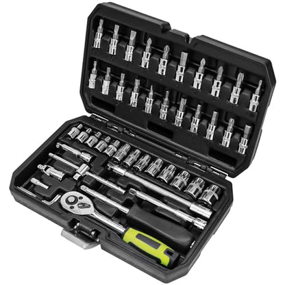 OTLOOMTBT 46PCS 1/4" Drive Socket Set, Ratchet Wrench Tool Kit | Metric Sockets, Bit Set, Extension Bars & Case for Auto Repair, Home DIY, Garage Maintenance and Everyday Fixes - style: 1/4 Inch Drive 46PCS