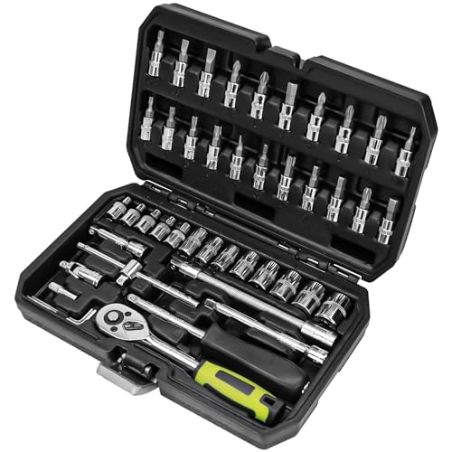 OTLOOMTBT 46PCS 1/4" Drive Socket Set, Ratchet Wrench Tool Kit | Metric Sockets, Bit Set, Extension Bars & Case for Auto Repair, Home DIY, Garage Maintenance and Everyday Fixes - style: 1/4 Inch Drive 46PCS