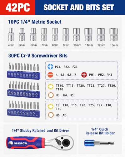 WORKPRO 42 PCS 1/4" Drive Mini Socket Ratchet Wrench Set | Dual Socket & Bit Head Ratchet, Metric Sockets 4-13mm, Quick-Release Bit Holder, Storage Case - style: Dual-Head Ratchet Accessory-Rich Set