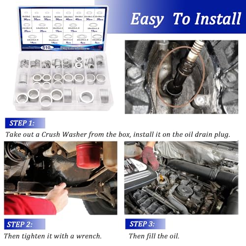 510PCS Crush Washer Oil Drain Plug,18 Sizes Aluminum Oil Drain Plug Gasket Assortment,Automotive Engine Crush Washers (M6 M8 M10 M12 M14 M16 M18 M20 M22 M24) - size: 510PCS 18 Sizes (M6-M24)