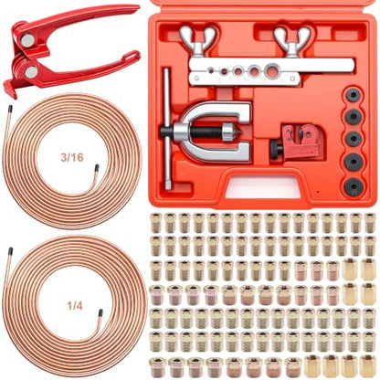 3/16Inch + 1/4 Inch Brake Line Repair Kit, 2 Set 25FT 3/16 1/4 Brake Line with 102Pcs Fittings (Includes 8 Unions) and Double & Single Brake Line Flaring Tool Kit & Brake Line Bender(Gold) - size: 3/16 + 1/4 Inch Gold, style: Brake Line Kit & Tube Bender