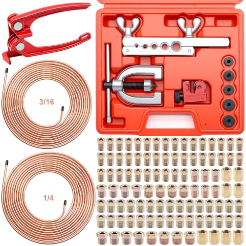 3/16Inch + 1/4 Inch Brake Line Repair Kit, 2 Set 25FT 3/16 1/4 Brake Line with 102Pcs Fittings (Includes 8 Unions) and Double & Single Brake Line Flaring Tool Kit & Brake Line Bender(Gold) - size: 3/16 + 1/4 Inch Gold, style: Brake Line Kit & Tube Bender
