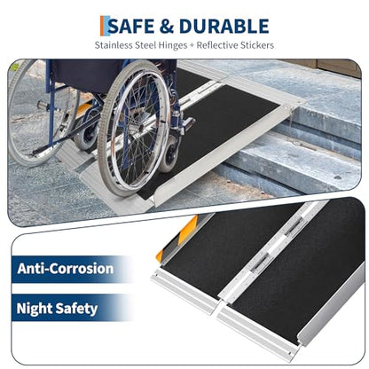 Portable Wheelchair Ramp Heavy Duty Aluminum Folding Ramp w/Non-Slip Surface, 600Lb Capacity, Threshold for Home Steps, Scooter for Car, Doorways, Curbs & Stairs (Foldable, Lightweight, Safety Lock) - size: 4 ft