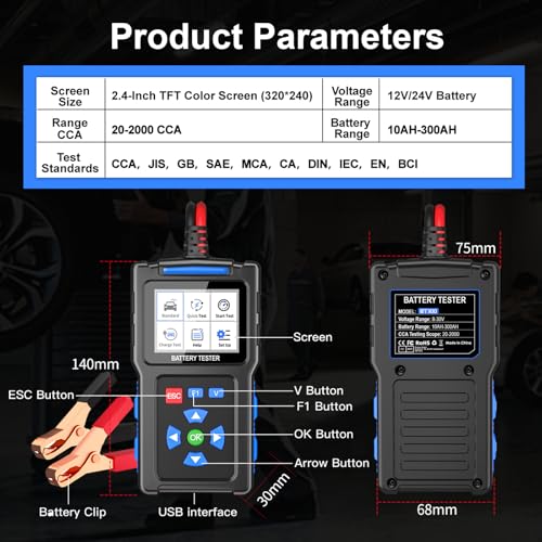 Car Battery Tester, Topdiag BT300 12V Automotive Alternator Tester, 20-2000 CCA Battery Load Tester for Cranking & Charging System, Analyzer for Car/Truck/Motorcycle/Boat