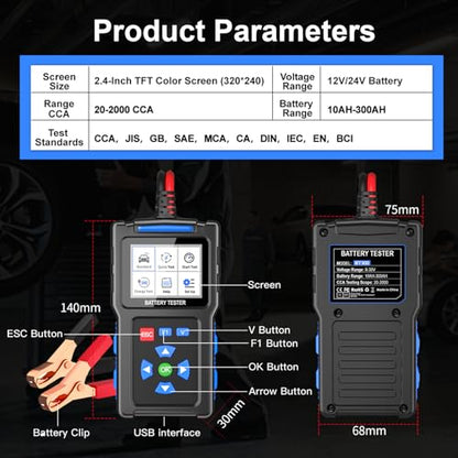 Car Battery Tester, Topdiag BT300 12V Automotive Alternator Tester, 20-2000 CCA Battery Load Tester for Cranking & Charging System, Analyzer for Car/Truck/Motorcycle/Boat
