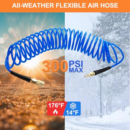 PU Recoil Air Hose, 1/4" NPT Polyurethane Coiled Air Compressor Hose with Quick Coupler & Bend Restrictors, Flexible Retractable Spring Air Line for Pneumatic Tools, Garage, Workshop 25'' Blue