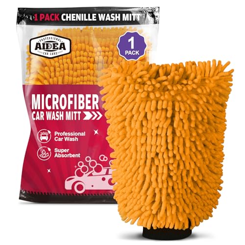 AIDEA Car Wash Mitt Microfiber, 1PK, Car Wash Brush, 7.12''X10.14'' | Scratch Free Lint-Free, Premium Chenille Microfiber Mitt, Regular Size, Orange - color: Orange, size: 1PK-7.12''X10.14''