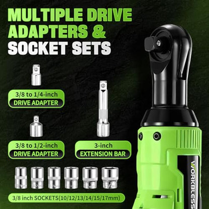 3/8" Electric Ratchet Wrench Set, 12V Cordless Ratchet, Power Socket Wrench Set with Variable Speed, 6 Sockets, LED Light, 1/4" Adapter, 1/2" Adapter, 2 x 2.0Ah Battery - style: Short neck & 2 batteries