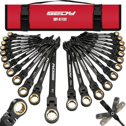 Premium 24-Piece Flex-Head Ratcheting Wrench Set, Metric(8–19mm)& SAE(1/4-7/8") Combination Wrenches, 72-Tooth CR-V Steel with Durable Black Finish, Ratchet Spanners with Roll-Up Tool Pouch for Repair - style: 24-Pc Flex-Head (Black Finish)