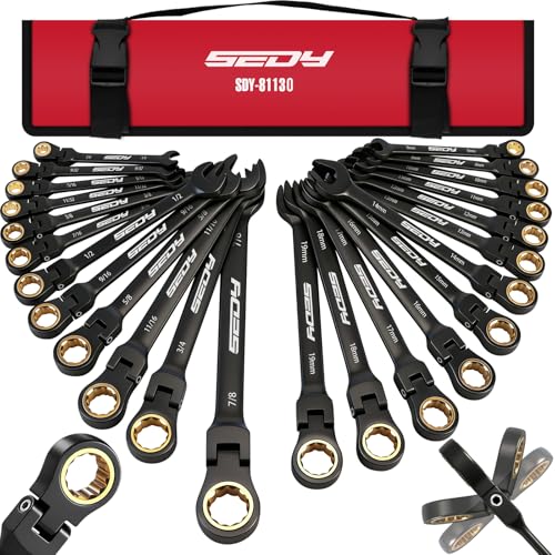 Premium 24-Piece Flex-Head Ratcheting Wrench Set, Metric(8–19mm)& SAE(1/4-7/8") Combination Wrenches, 72-Tooth CR-V Steel with Durable Black Finish, Ratchet Spanners with Roll-Up Tool Pouch for Repair - style: 24-Pc Flex-Head (Black Finish)