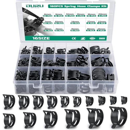 OURU Spring Band Hose Clamps Assortment kit, 180Pcs, 6-25mm | Constant Tension Hose Clamps, For Fuel Lines, Silicone, Vacuum Hoses, Low-Pressure Air Clips - size: 180PCS (6-25mm)