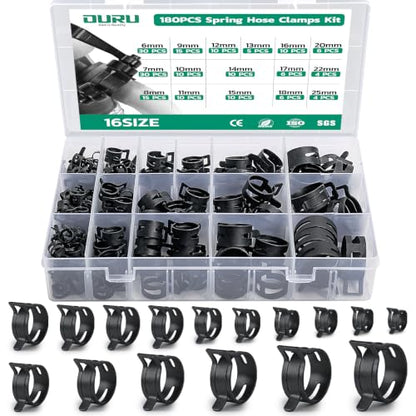 OURU Spring Band Hose Clamps Assortment kit, 180Pcs, 6-25mm | Constant Tension Hose Clamps, For Fuel Lines, Silicone, Vacuum Hoses, Low-Pressure Air Clips - size: 180PCS (6-25mm)