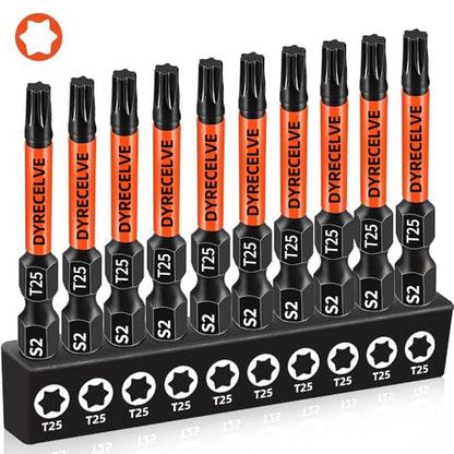 10-Pack T25 Torx Bits for Impact Driver, T-25 Torx/Star Bit Set 2'' Long, Magnetic Torque Head, Premium S2 Alloy Steel, 1/4'' Hex-Shank for Professional & DIY Use - size: 10pcs T-25 Torx Bit