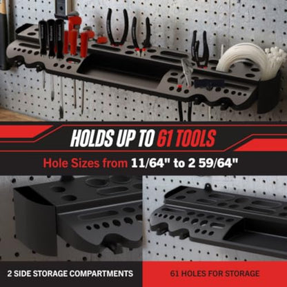 Hand Tool Organizer – Wall Mount Screwdriver Holder with 61 Holes, 4 Hooks and 2 Compartments, Utility Shelf Pliers Rack and Tools Storage Rack Organizer for Garage, Workshop, Shed, Home by Stalwart