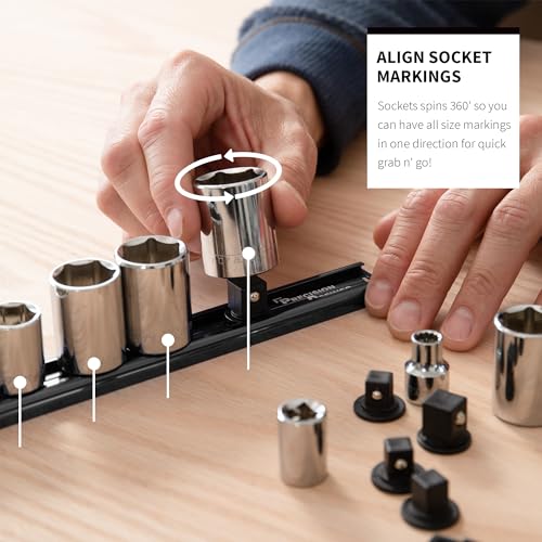 Precision Defined Aluminum Tool Socket Holder 3-Piece Set | Black, 1/4-Inch x 16 Clips, 3/8-Inch x 16 Clips, 1/2-Inch x 14 Clips | 360 Rotation - Heavy Duty Socket Rails Organizer, Socket Storage - color: Black