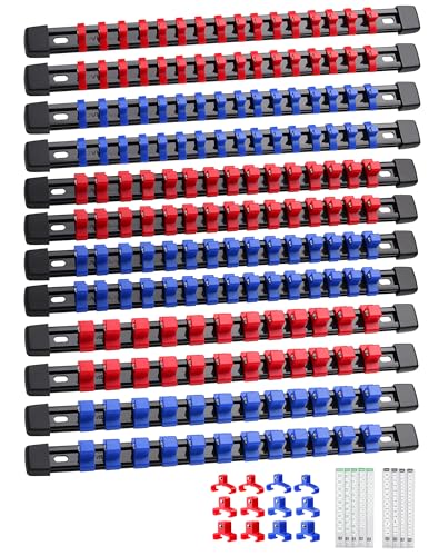 ALOANES 12PC Socket Organizer, Socket Rails Fit 1/2", 1/4" and 3/8" Drive | Heavy Duty ABS Socket Holders Hold 172 Sockets for Toolbox Drawer Bags(Red&Blue) - color: Blue&Red, size: 12PC, 1/2, 3/8 & 1/4-inch Drive