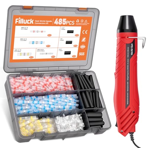485PCS Solder Seal Wire Connectors with Heat Gun Kit, Waterproof Marine Grade Heat Shrink Electrical Butt Terminal Assortment for Automotive, Boat, Home Wiring Repair