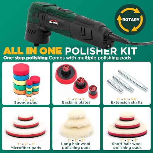1"/2"/3" Buffer Rotary Polisher Kit | 780W High-Power Mini Polishing Machine w/ 27-Piece Accessories | M5/8-11 Thread 75mm/100mm/140mm Extension Shafts | for Car, Boat & Metal Detailing, Green
